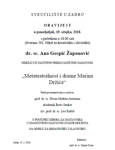 Nastupno predavanje: „Metateatralnost i drame Marina Držića“